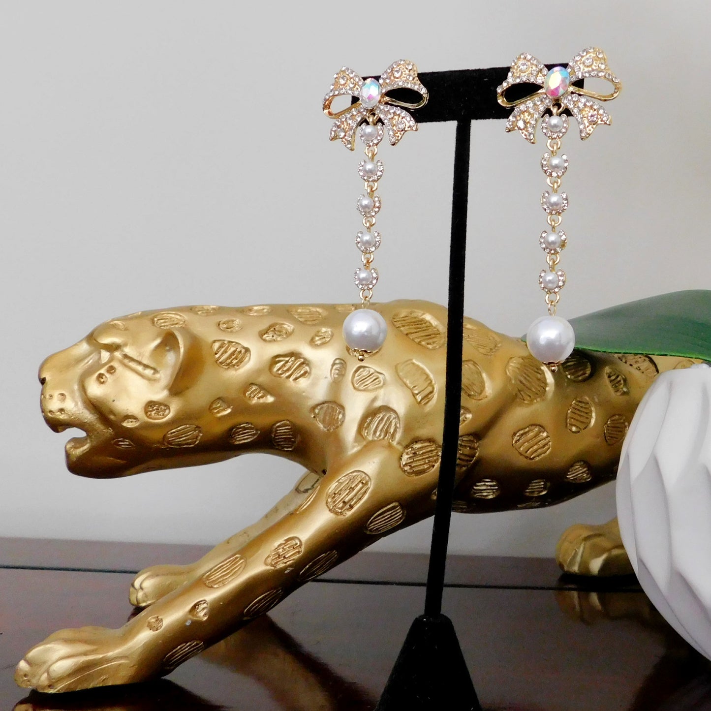 Iridescent Crystal Rhinestone Bow Stud Earrings with Bead Tassels Fashion