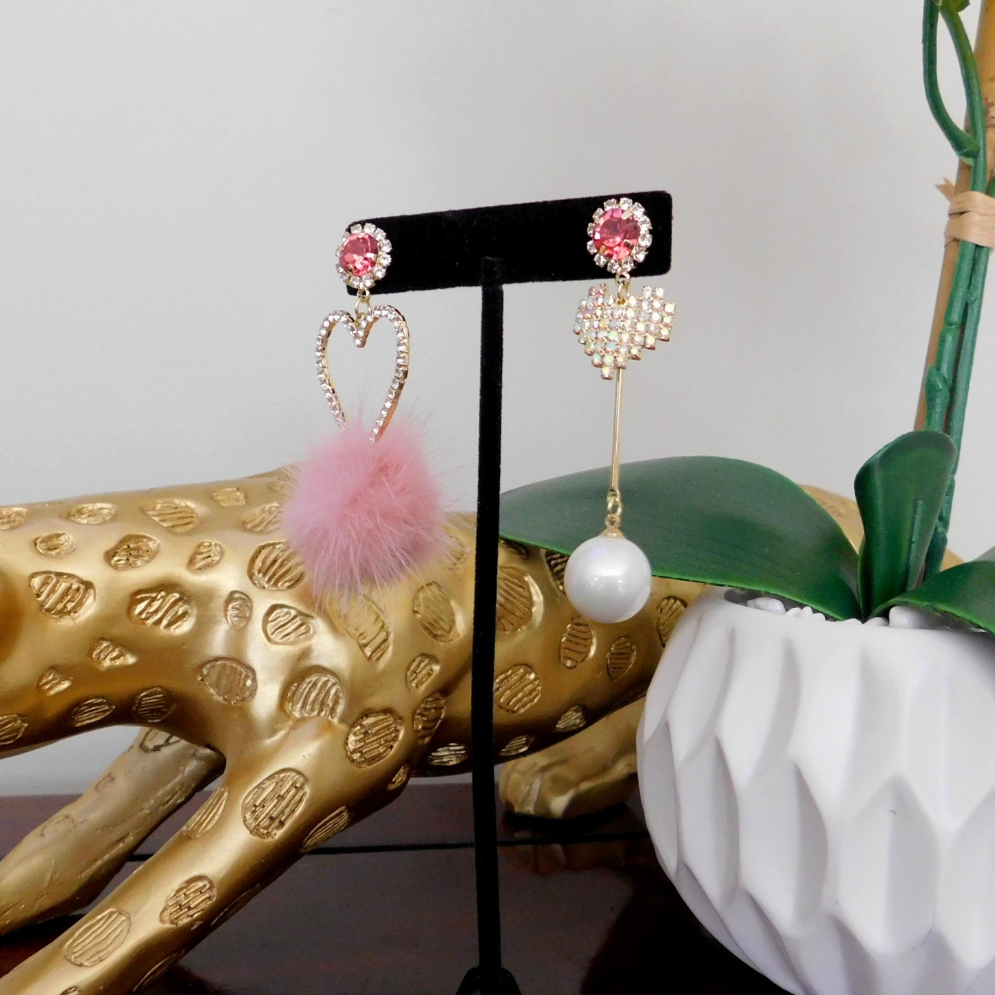 Iridescent Pink and Gold Heart Dangle Earrings with Pom Pom and Beads