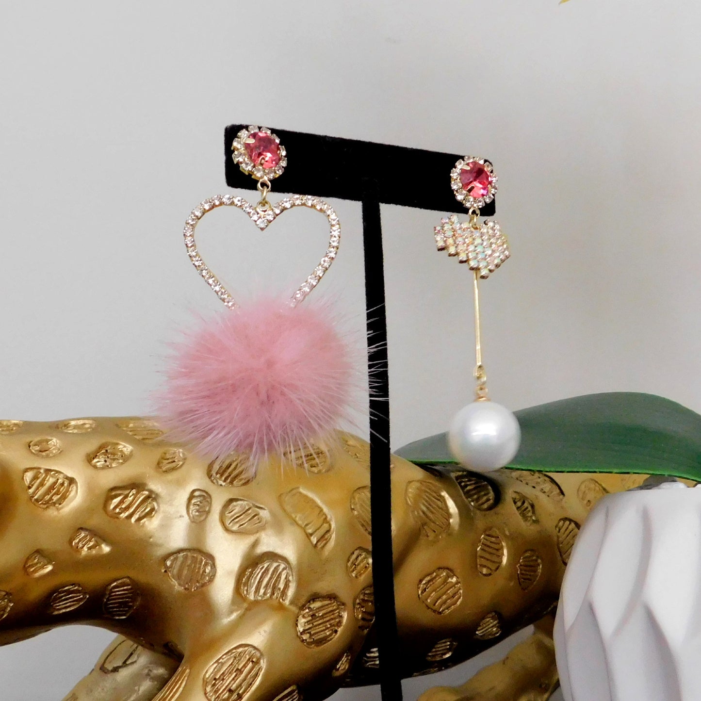 Iridescent Pink and Gold Heart Dangle Earrings with Pom Pom and Beads