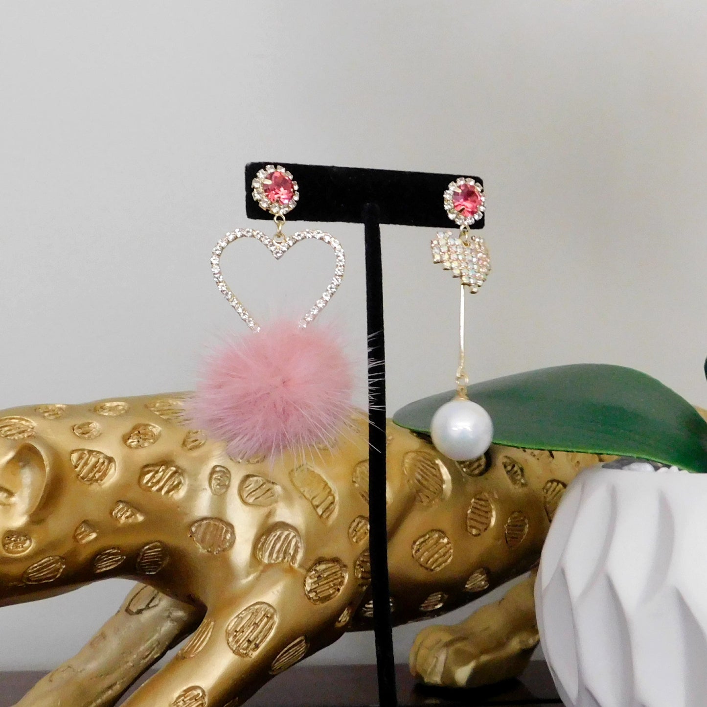 Iridescent Pink and Gold Heart Dangle Earrings with Pom Pom and Beads