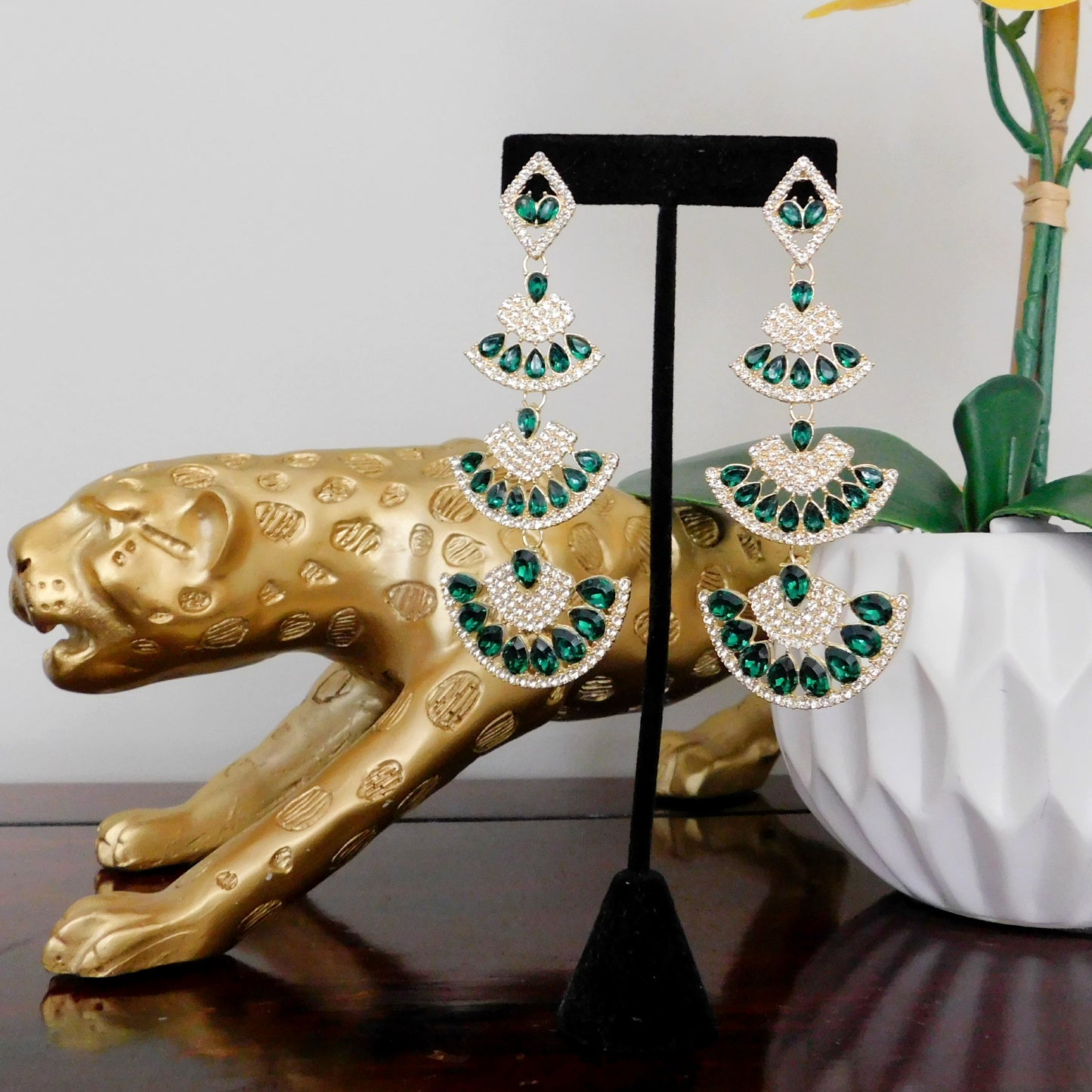 Long Gold Green Crystal Rhinestone Drop Earrings Sector Geometric Stud Earrings