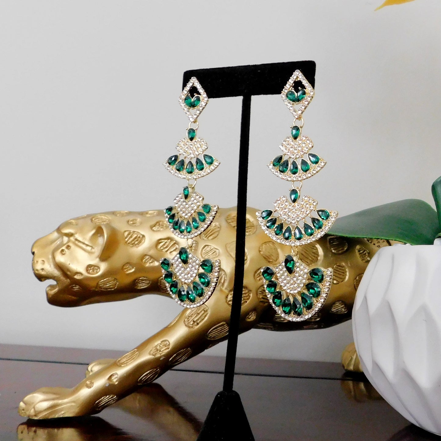 Long Gold Green Crystal Rhinestone Drop Earrings Sector Geometric Stud Earrings