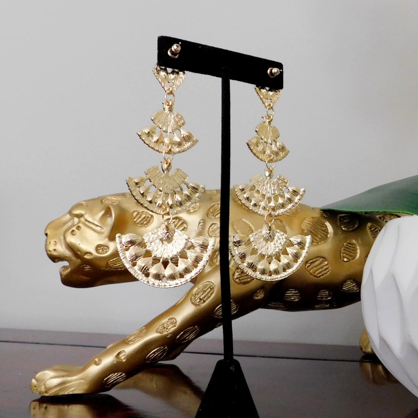 Long Gold Green Crystal Rhinestone Drop Earrings Sector Geometric Stud Earrings