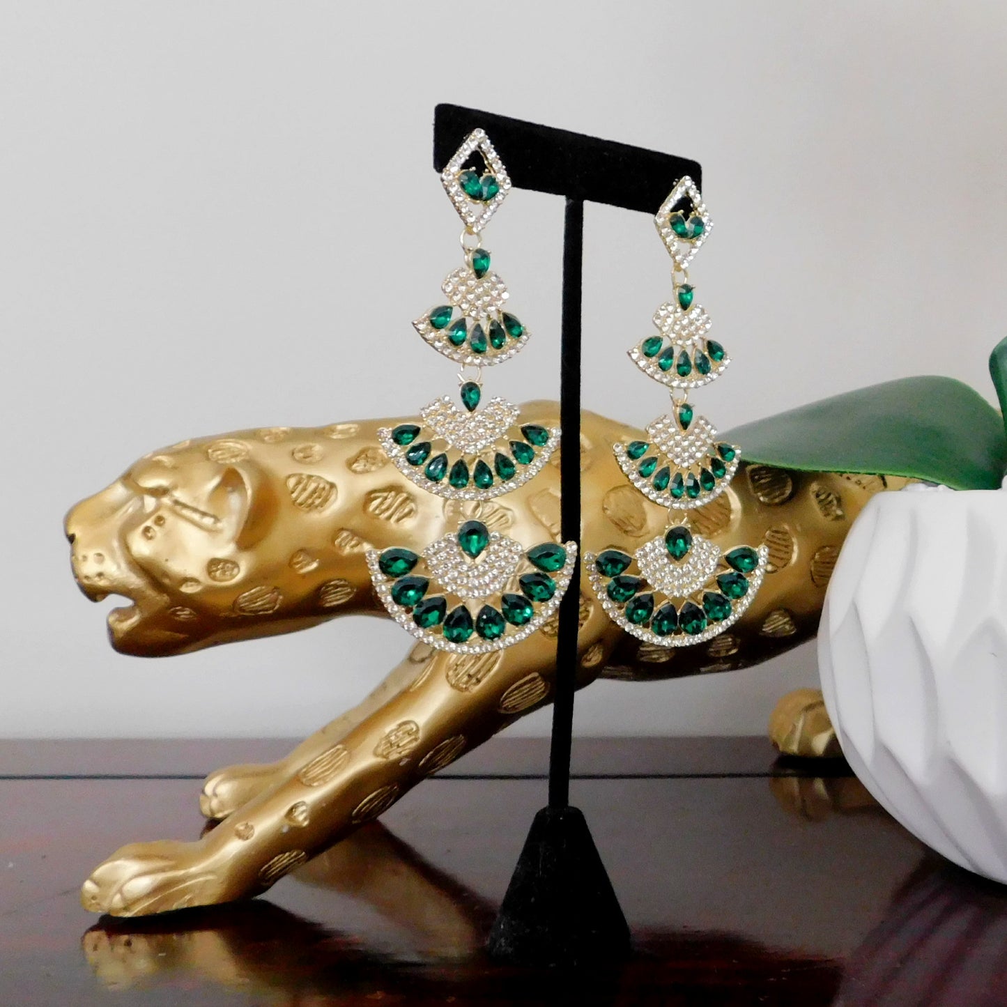 Long Gold Green Crystal Rhinestone Drop Earrings Sector Geometric Stud Earrings