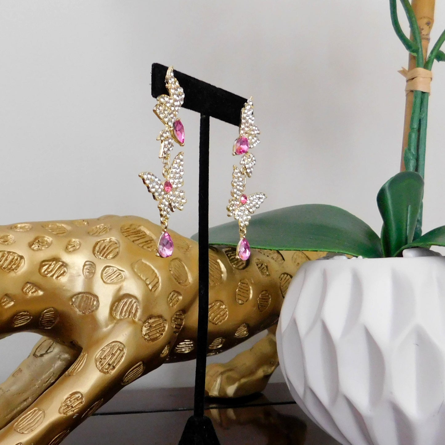 Gold and pink Crystal Rhinestone Butterfly Dangle Stud Earrings