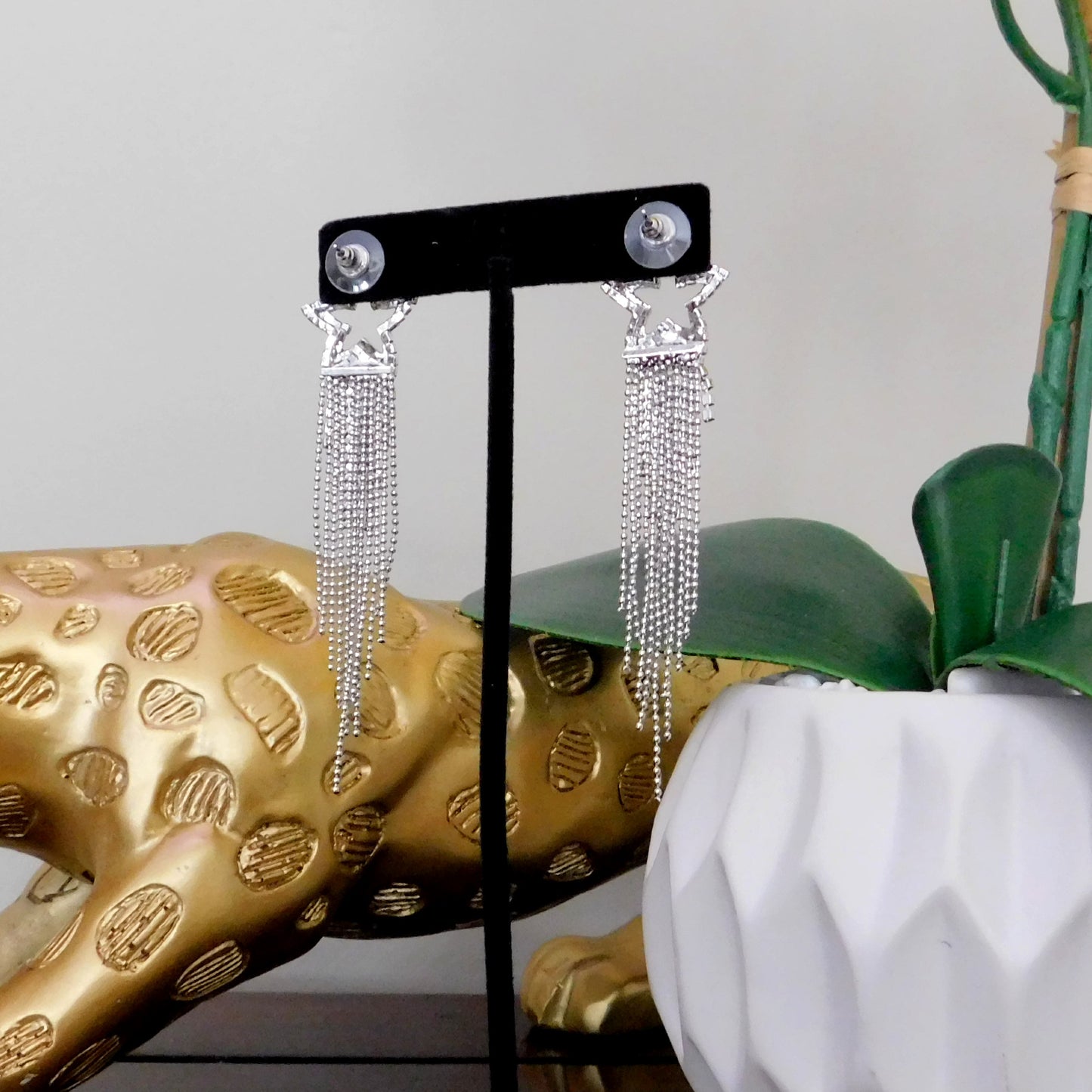 Long Silver Crystal Rhinestone Tassel Star earrings Fashion Jewelry