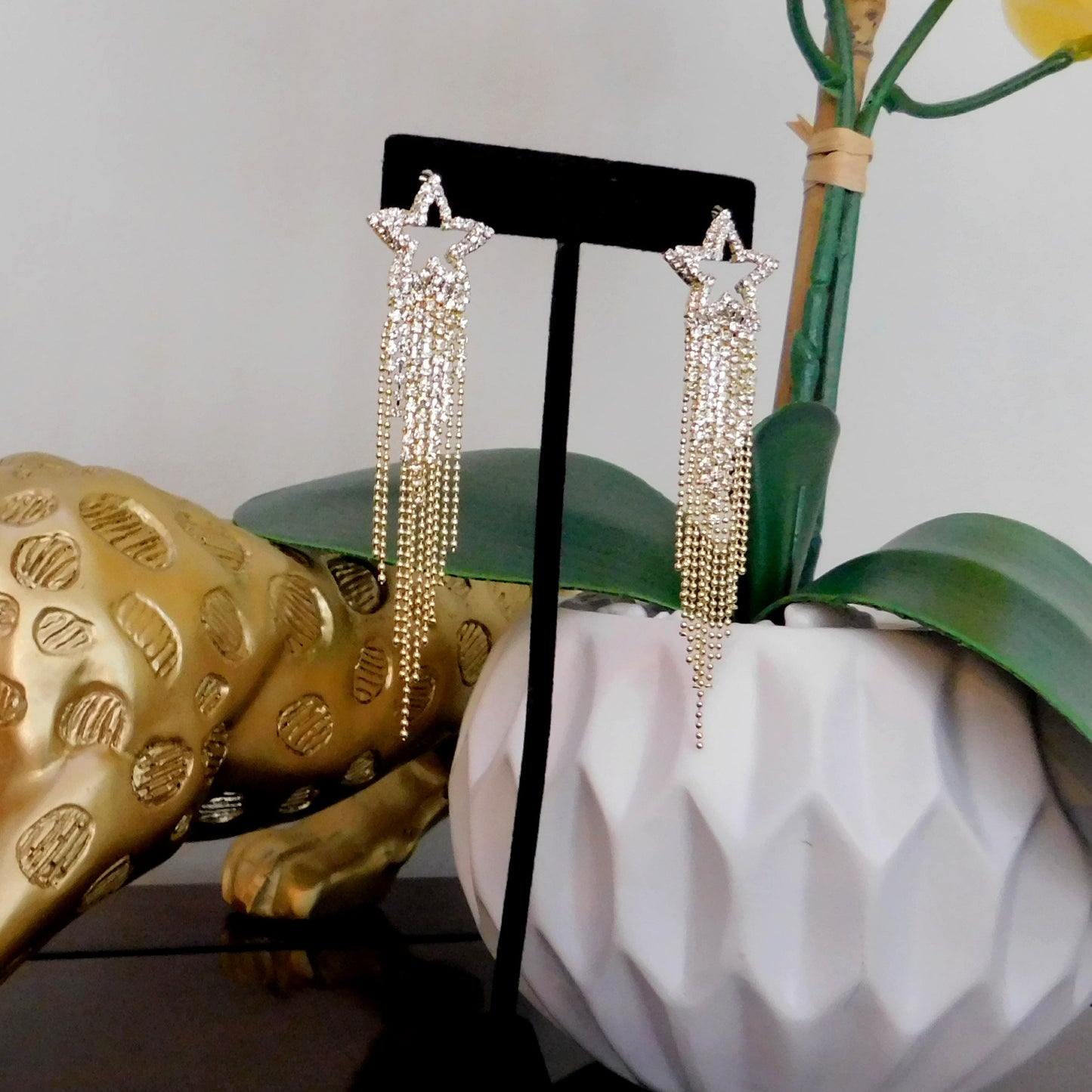 Long Gold Crystal Rhinestone Tassel Star earrings Fashion Jewelry