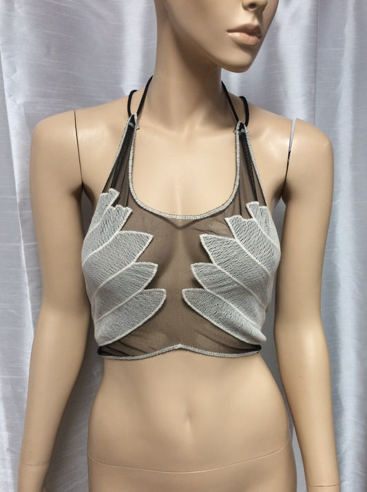 Black and White Hand Print Mesh Crop Top Halter Top