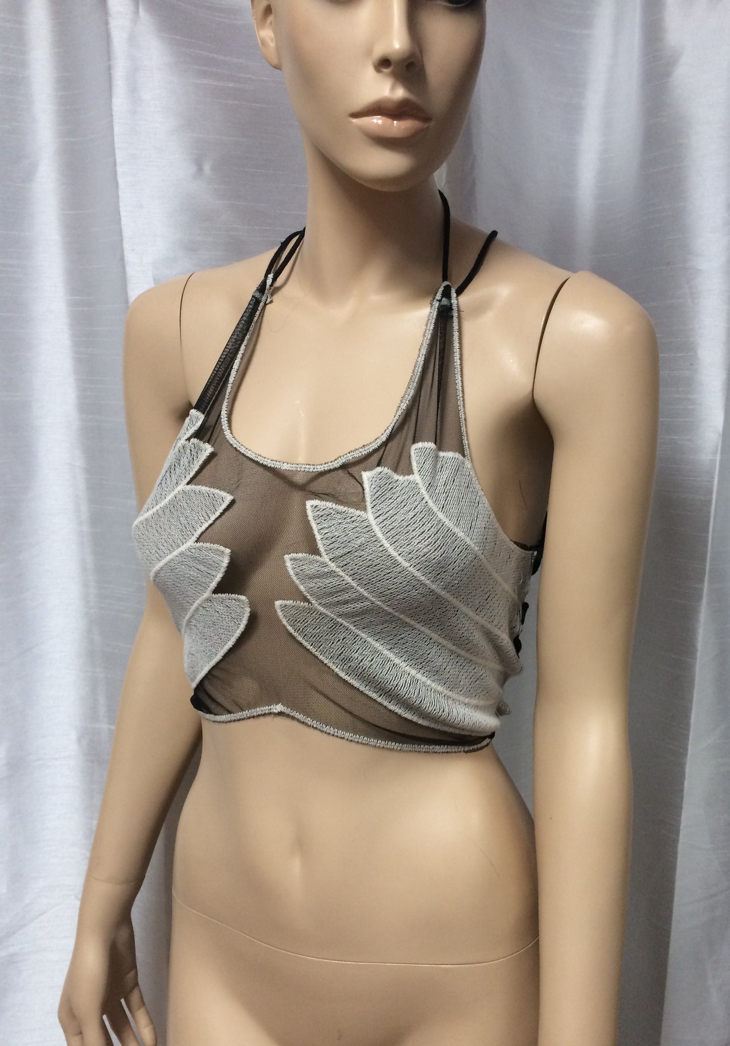 Black and White Hand Print Mesh Crop Top Halter Top