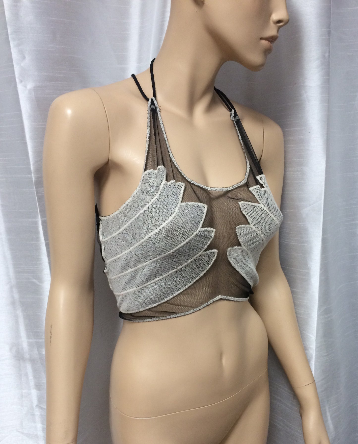 Black and White Hand Print Mesh Crop Top Halter Top
