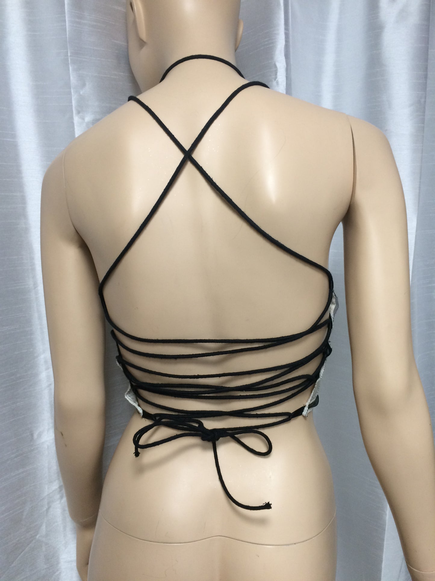 Black and White Hand Print Mesh Crop Top Halter Top