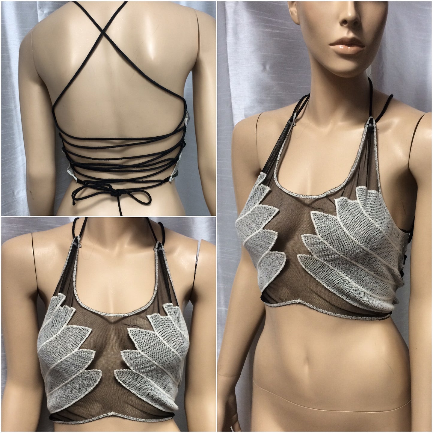 Black and White Hand Print Mesh Crop Top Halter Top