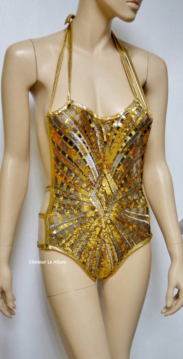 Golden Goddess Gold White Black Sequin Mesh Monokini Rave Dance Leotard