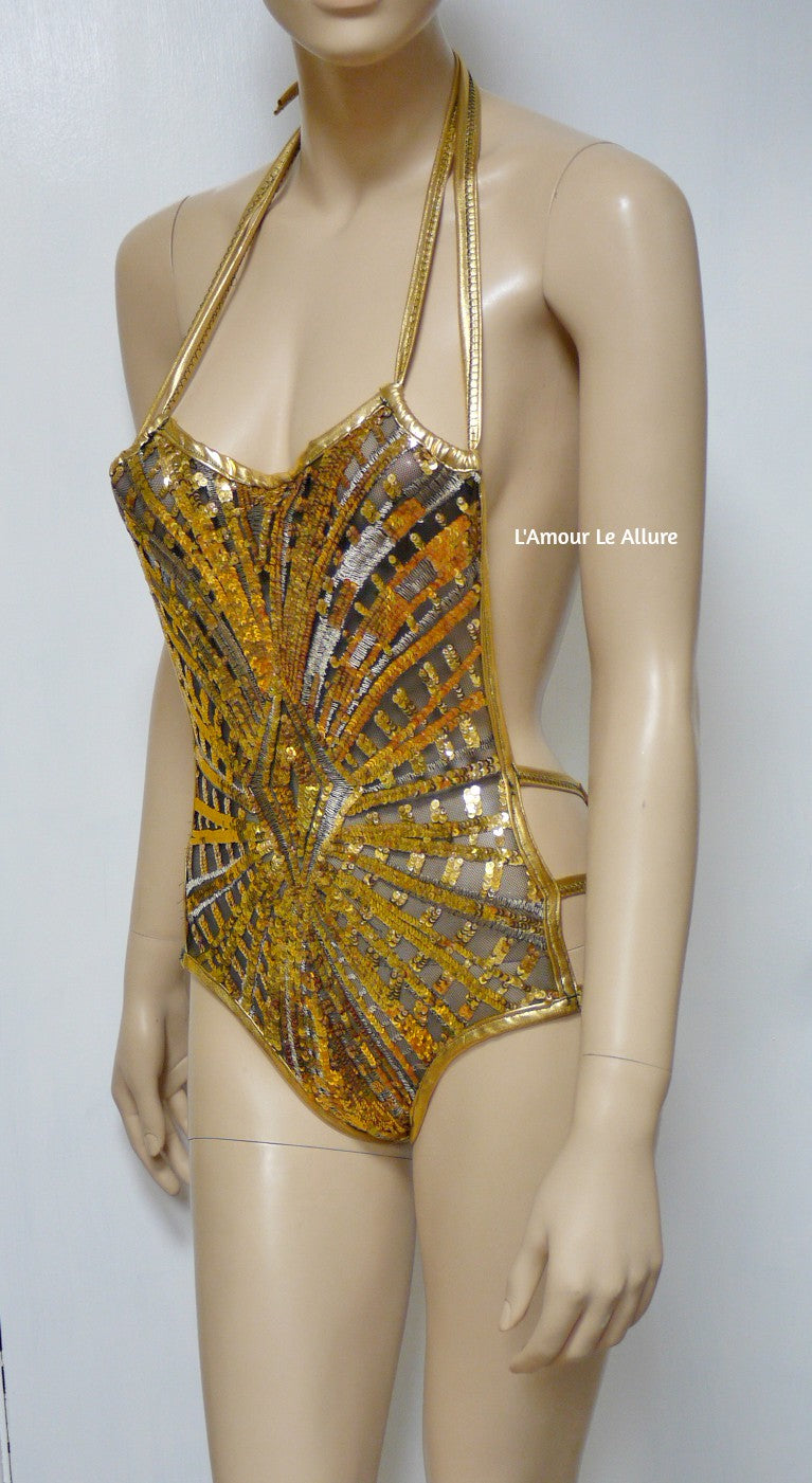 Golden Goddess Gold White Black Sequin Mesh Monokini Rave Dance Leotard