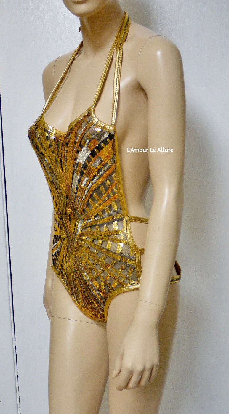 Golden Goddess Gold White Black Sequin Mesh Monokini Rave Dance Leotard