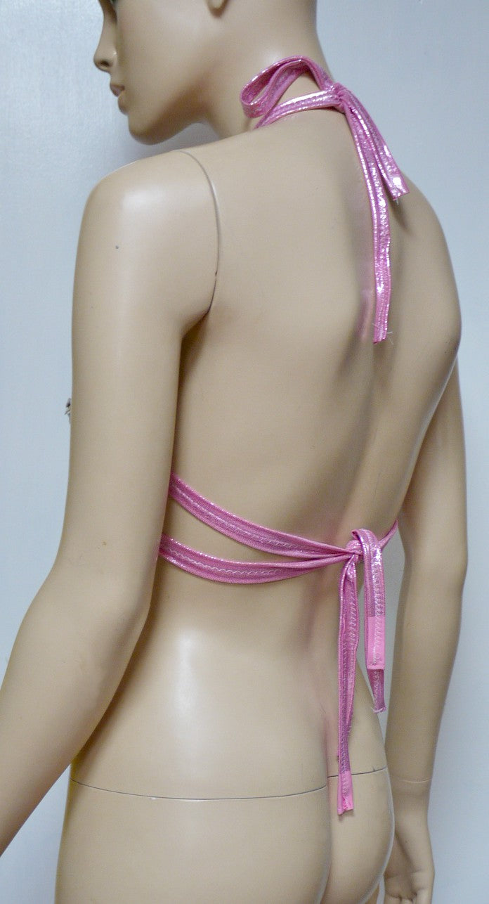 Iridescent Pink Unicorn Princess Sequin Mesh Spandex Halter Top Crop Top Dance