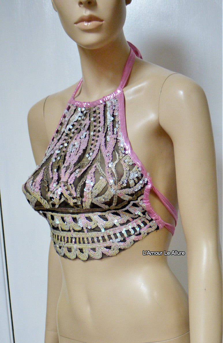 Iridescent Pink Unicorn Princess Sequin Mesh Spandex Halter Top Crop Top Dance