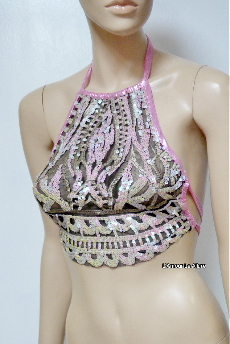 Iridescent Pink Unicorn Princess Sequin Mesh Spandex Halter Top Crop Top Dance