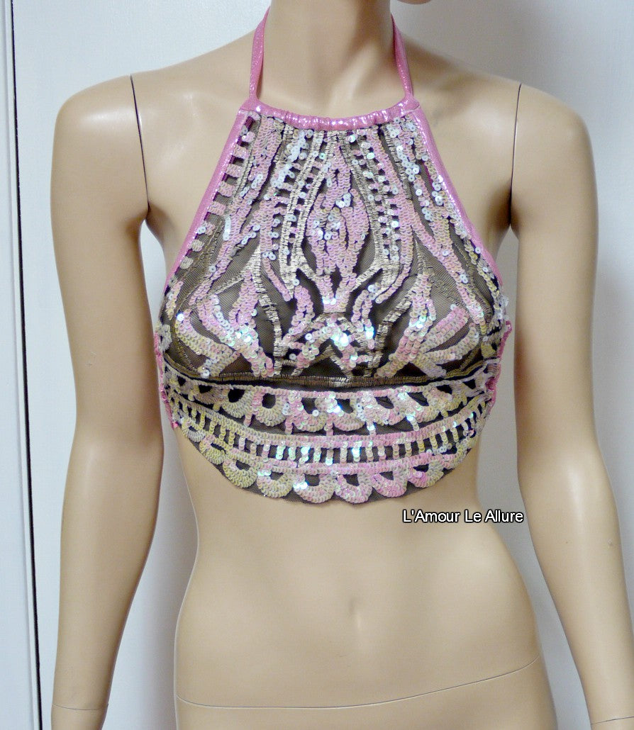 Iridescent Pink Unicorn Princess Sequin Mesh Spandex Halter Top Crop Top Dance