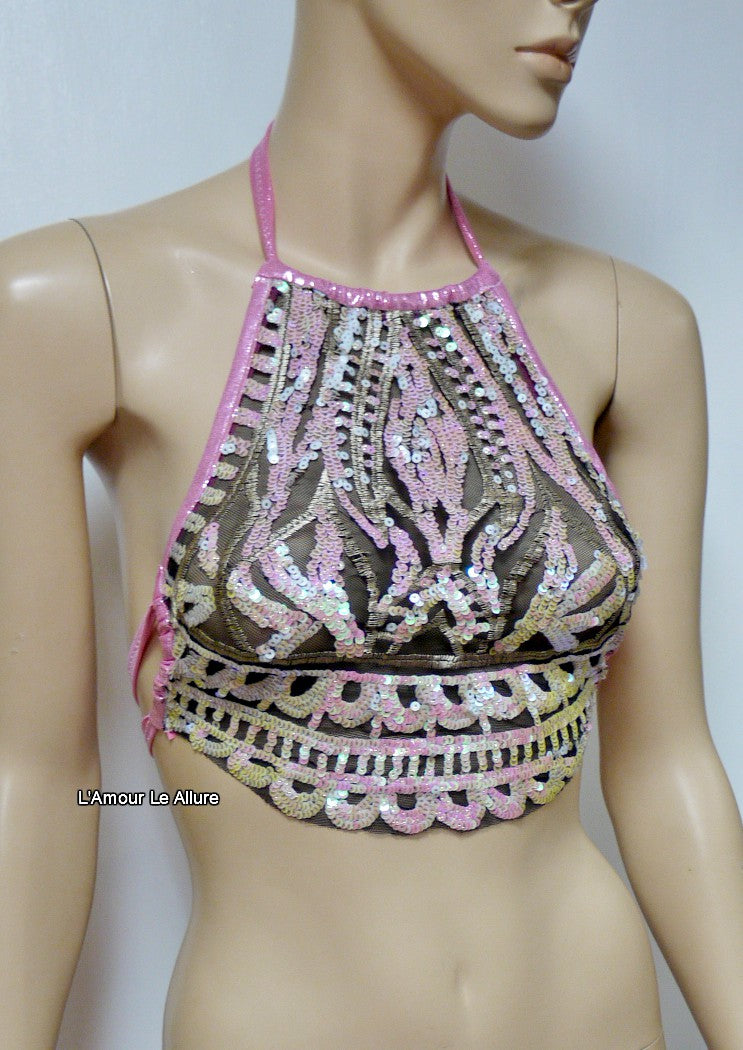 Iridescent Pink Unicorn Princess Sequin Mesh Spandex Halter Top Crop Top Dance