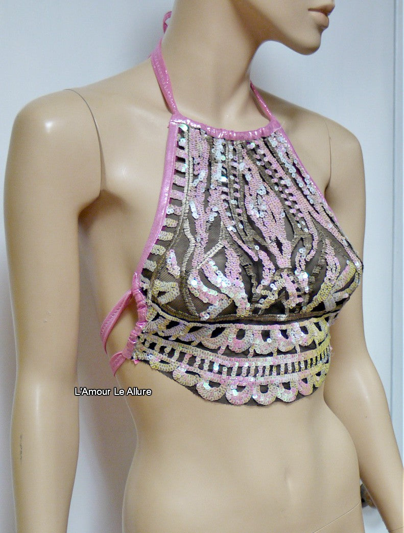 Iridescent Pink Unicorn Princess Sequin Mesh Spandex Halter Top Crop Top Dance
