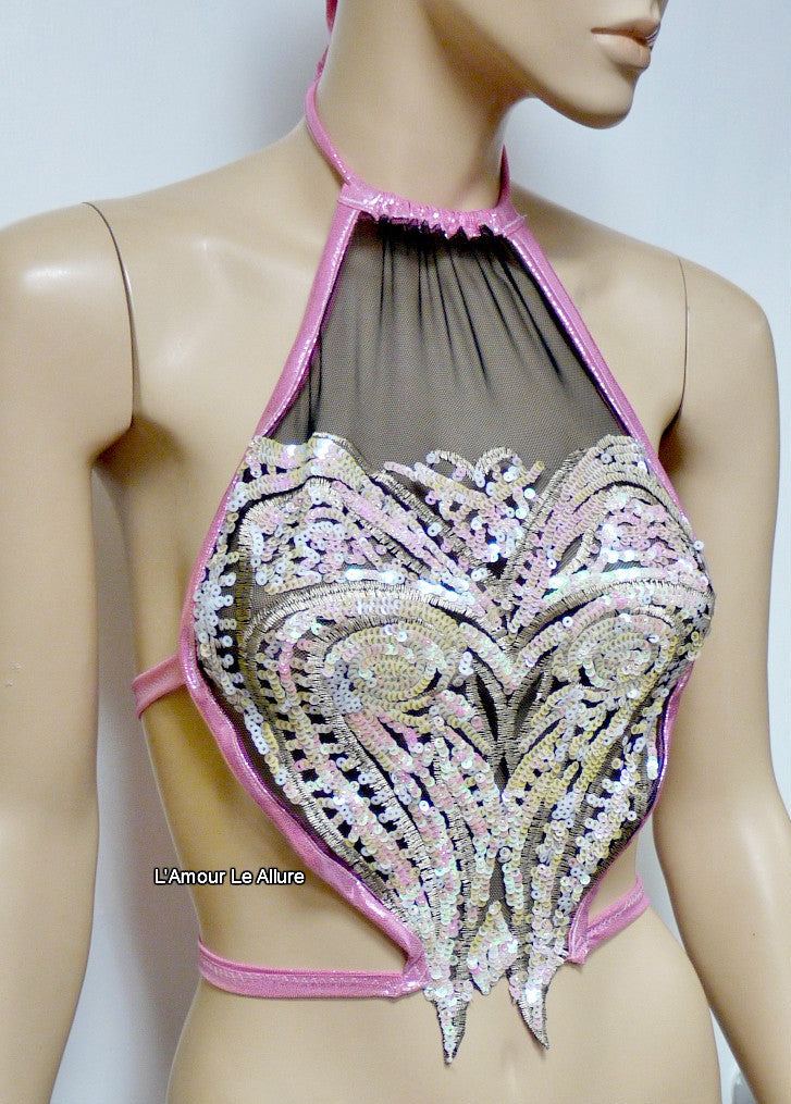 Iridescent Pink Unicorn Princess Sequin Mesh Spandex Halter Top Crop Top Dance