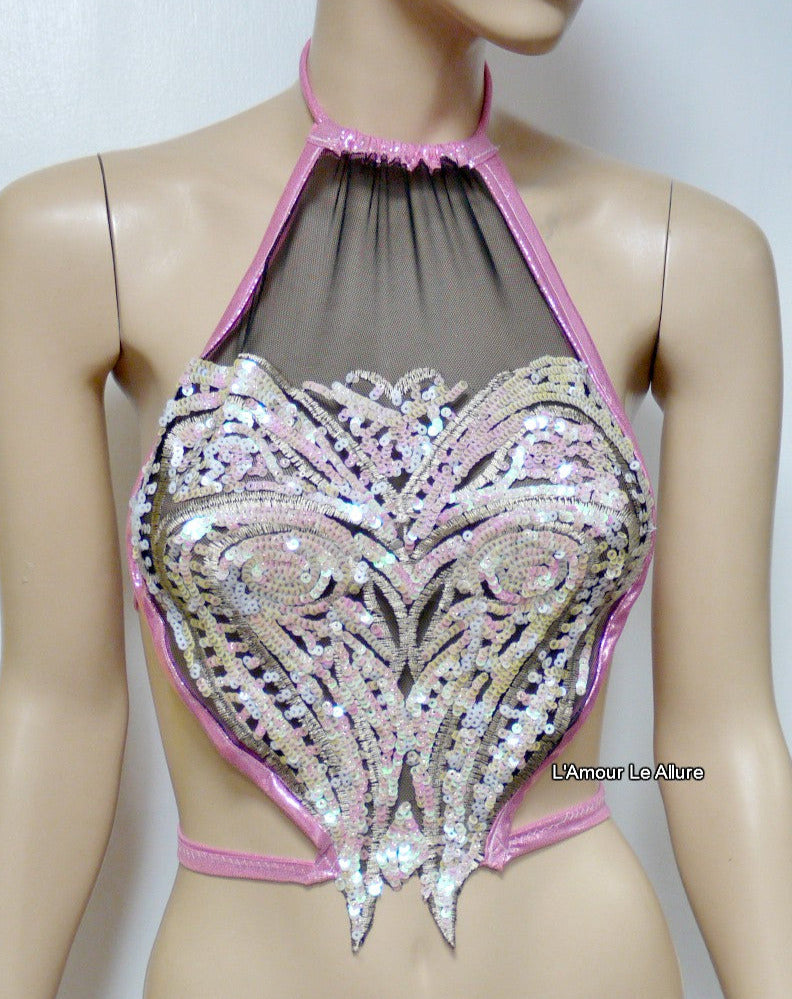 Iridescent Pink Unicorn Princess Sequin Mesh Spandex Halter Top Crop Top Dance