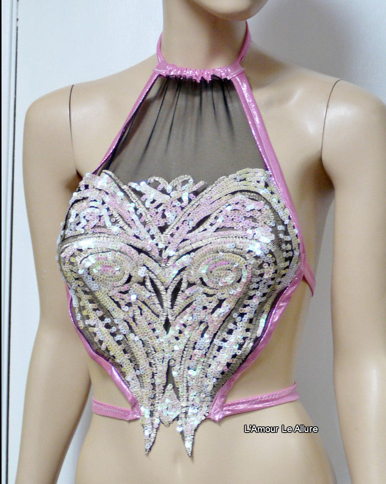 Iridescent Pink Unicorn Princess Sequin Mesh Spandex Halter Top Crop Top Dance