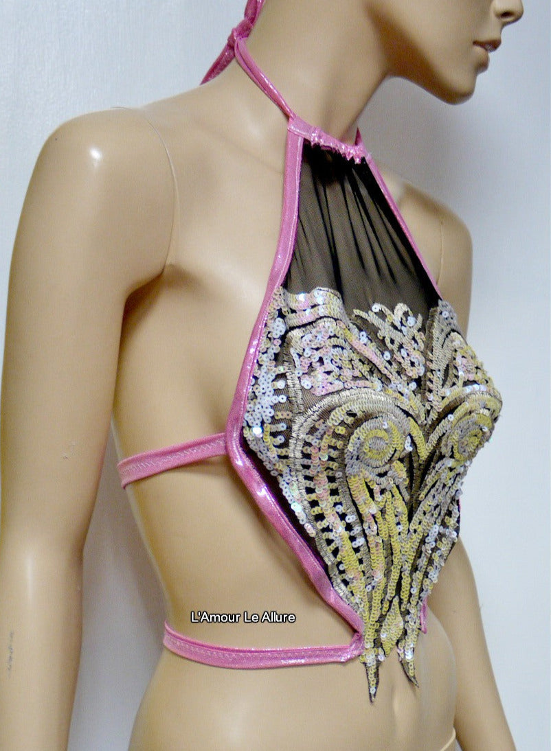 Iridescent Pink Unicorn Princess Sequin Mesh Spandex Halter Top Crop Top Dance