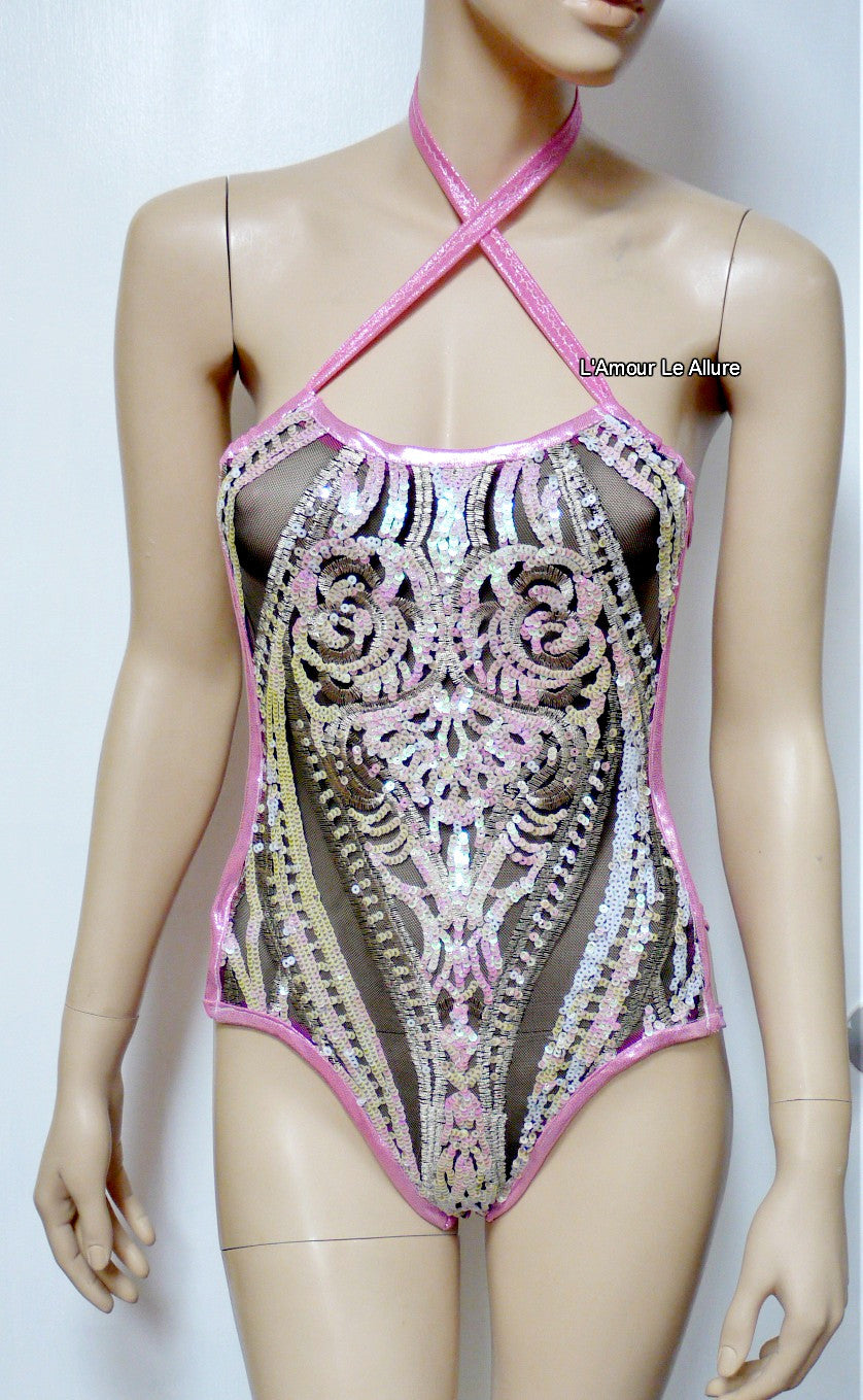 Unicorn Princess Iridescent White Black Sequin Mesh Monokini
