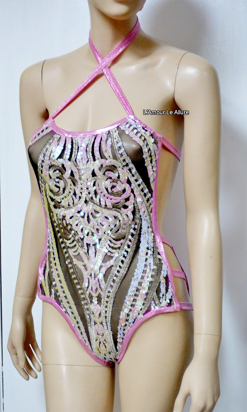 Unicorn Princess Iridescent White Black Sequin Mesh Monokini