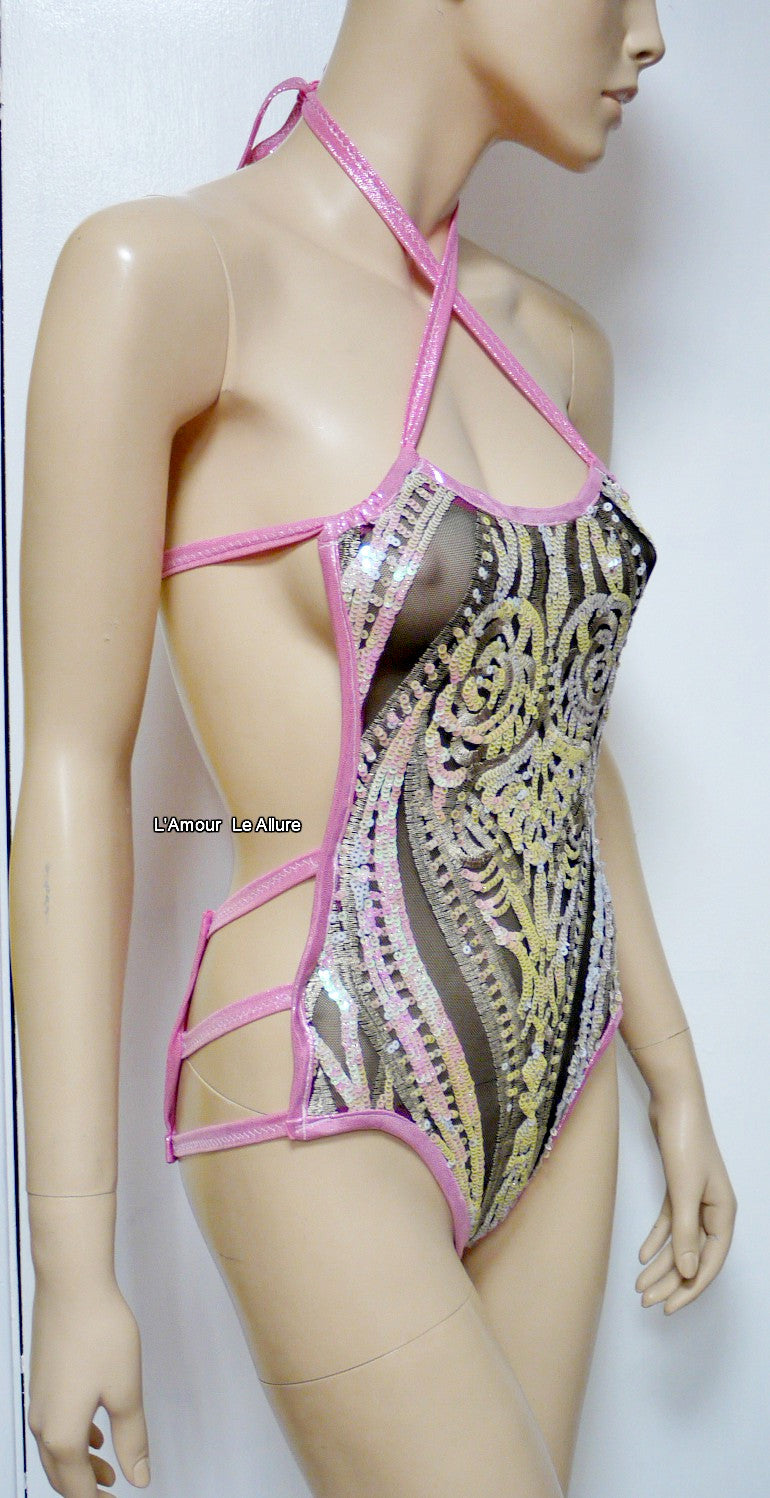 Unicorn Princess Iridescent White Black Sequin Mesh Monokini