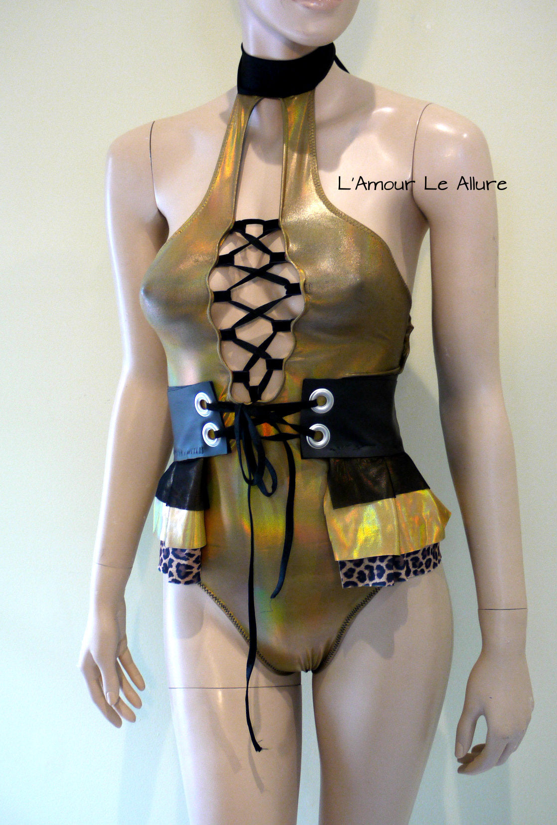 Holographic Leopard Black Gold Monokini with Skirt Jumper Leotard