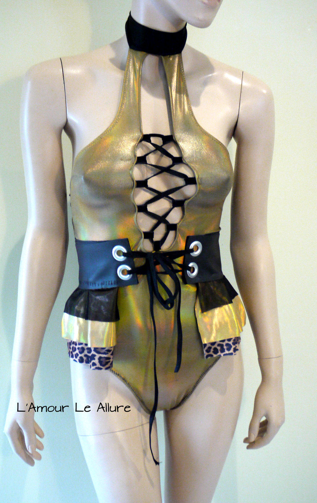 Holographic Leopard Black Gold Monokini with Skirt Jumper Leotard