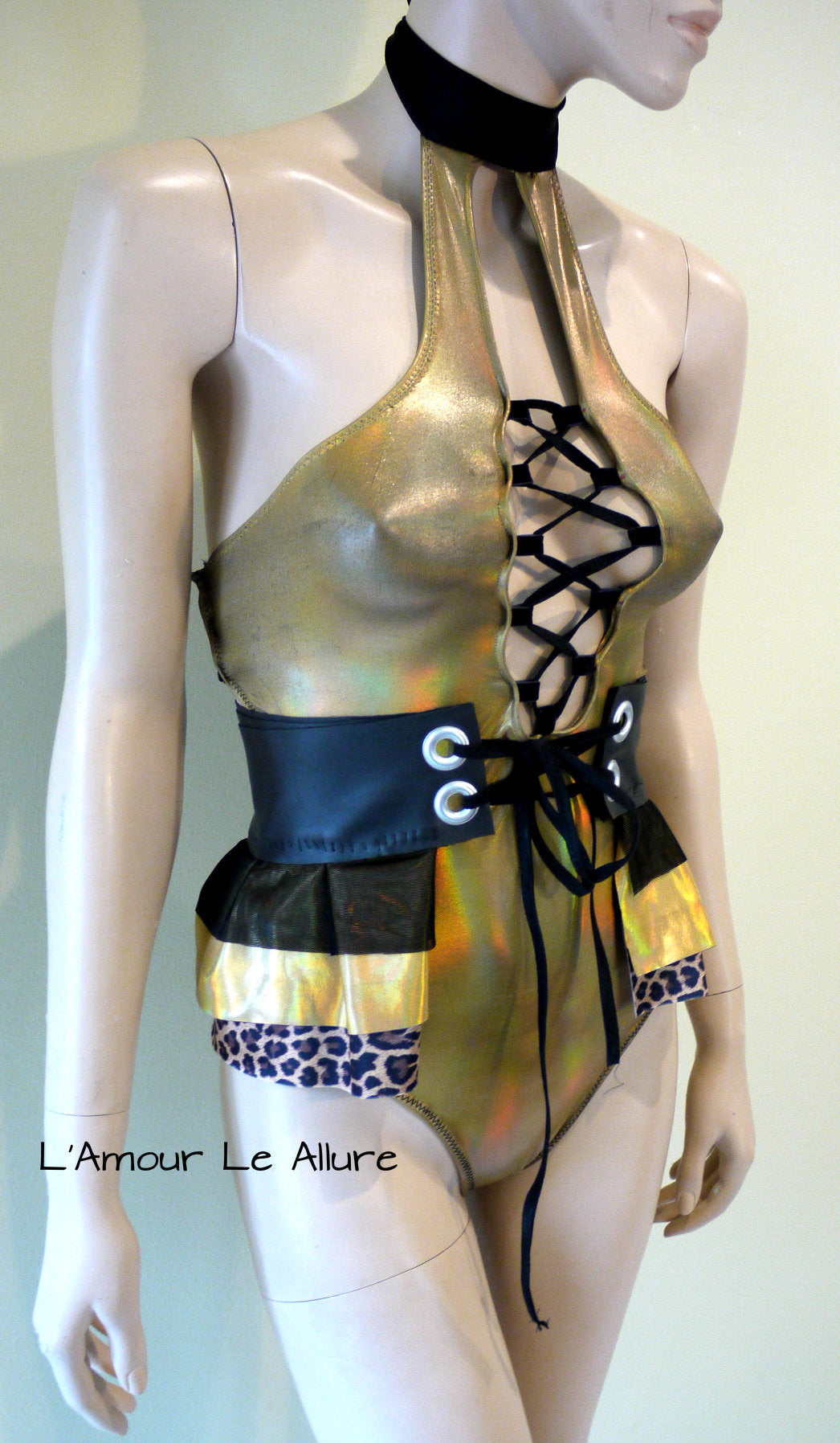 Holographic Leopard Black Gold Monokini with Skirt Jumper Leotard