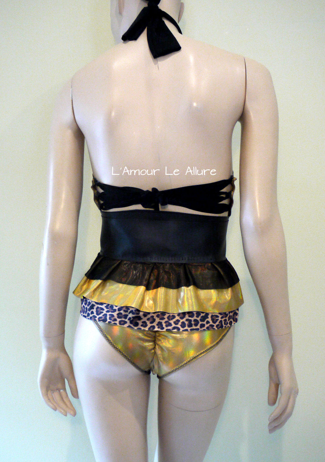 Holographic Leopard Black Gold Monokini with Skirt Jumper Leotard