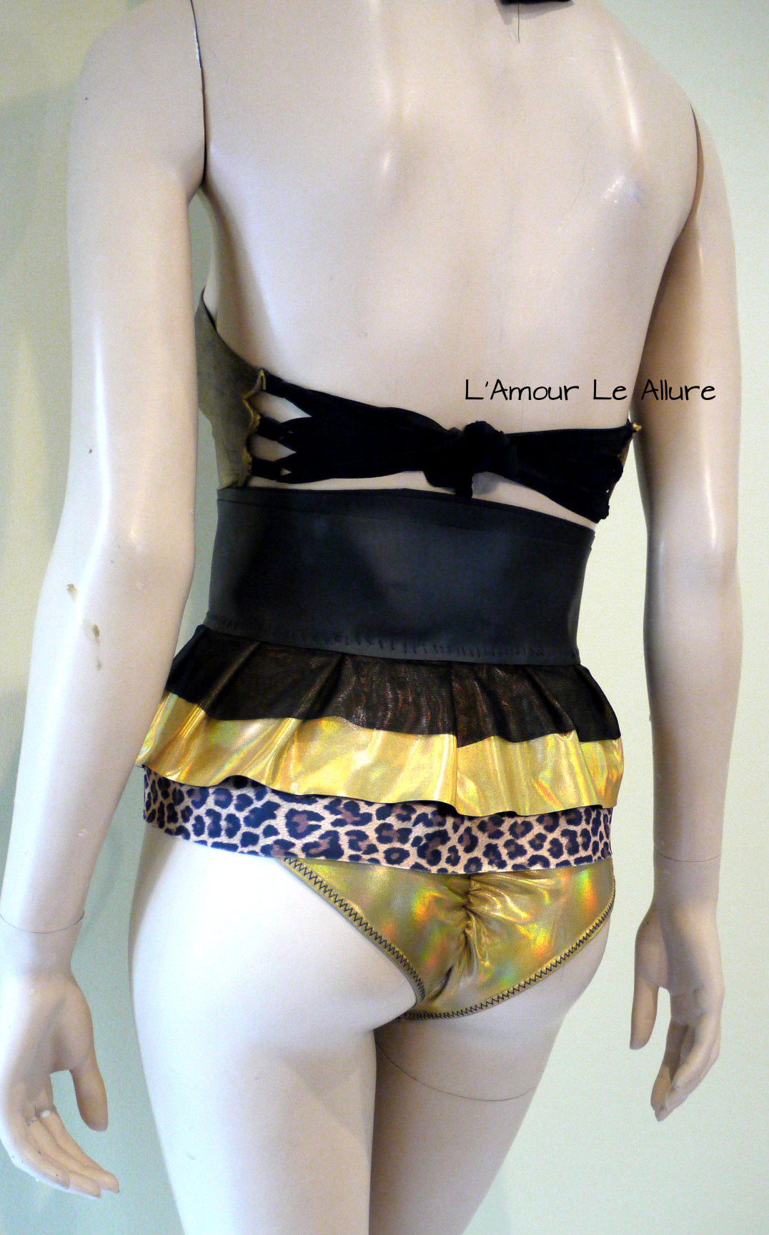 Holographic Leopard Black Gold Monokini with Skirt Jumper Leotard