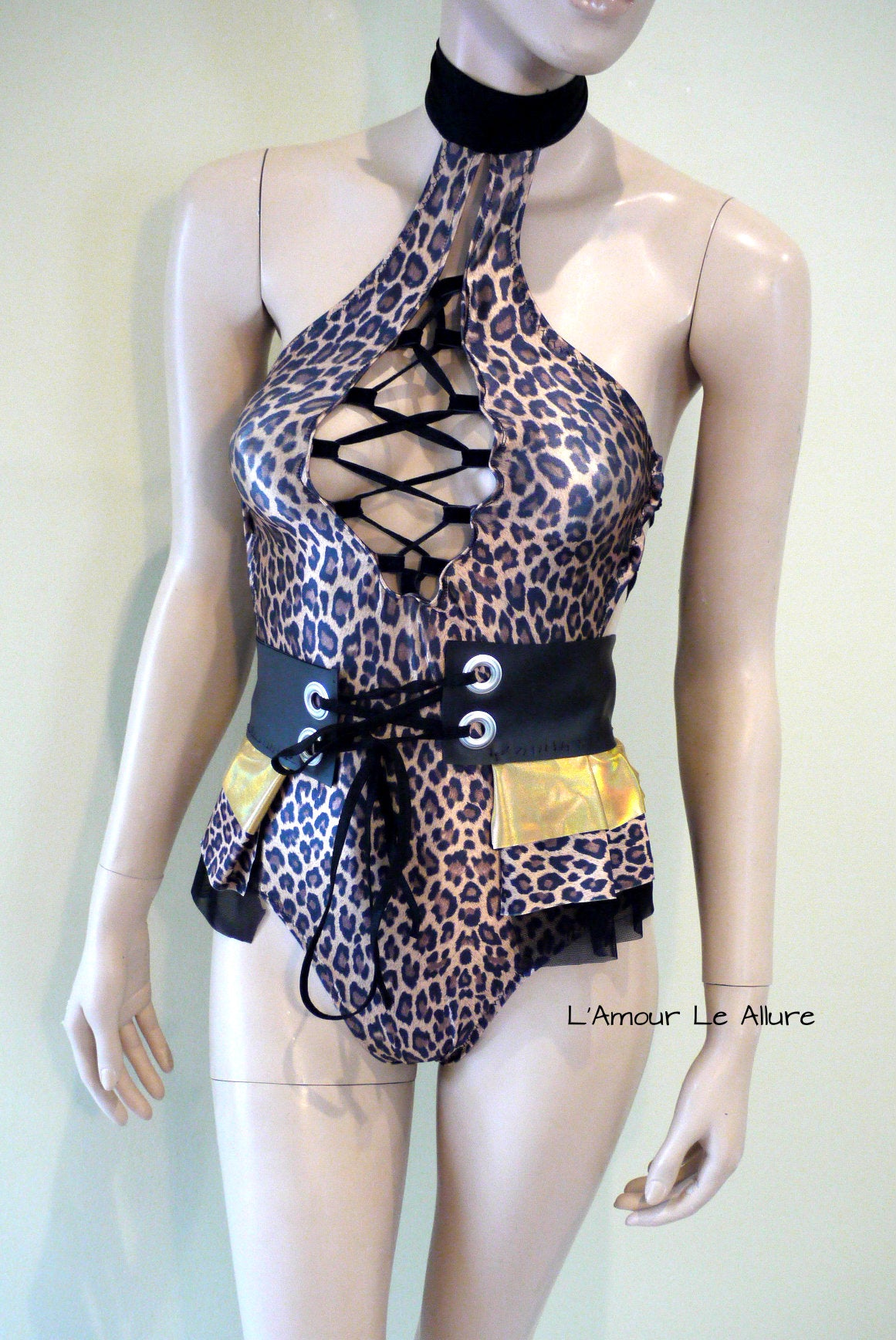 Leopard Black Gold Monokini with Skirt Jumper Swimsuit Bathing Suit Dance Leotard