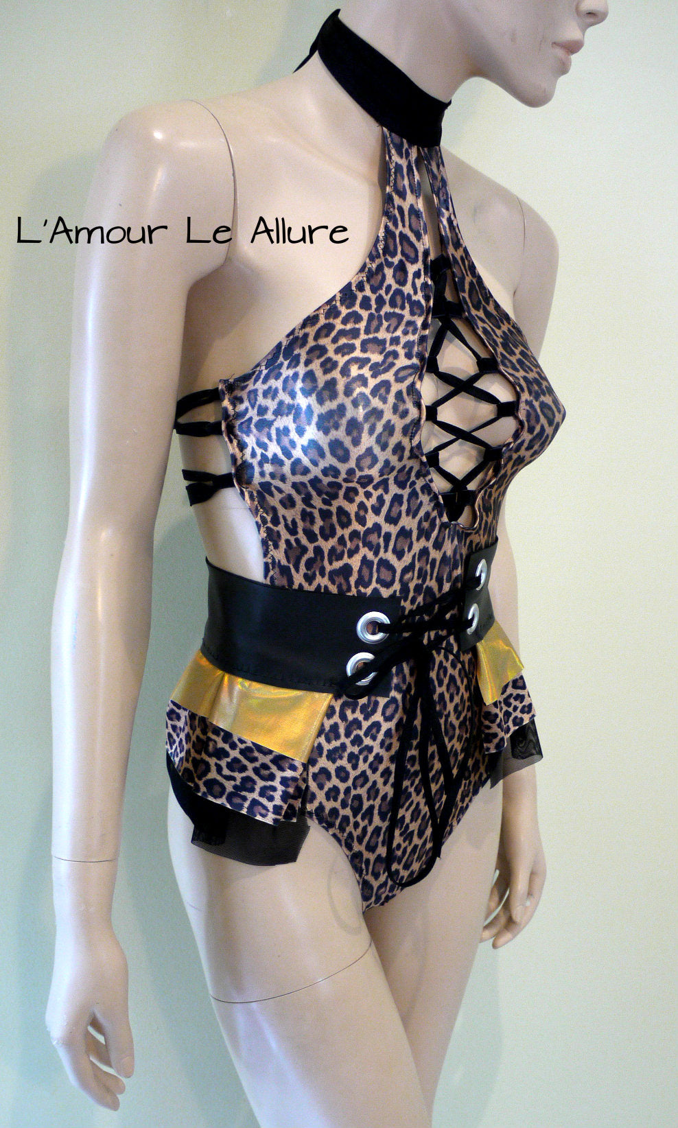 Leopard Black Gold Monokini with Skirt Jumper Swimsuit Bathing Suit Dance Leotard