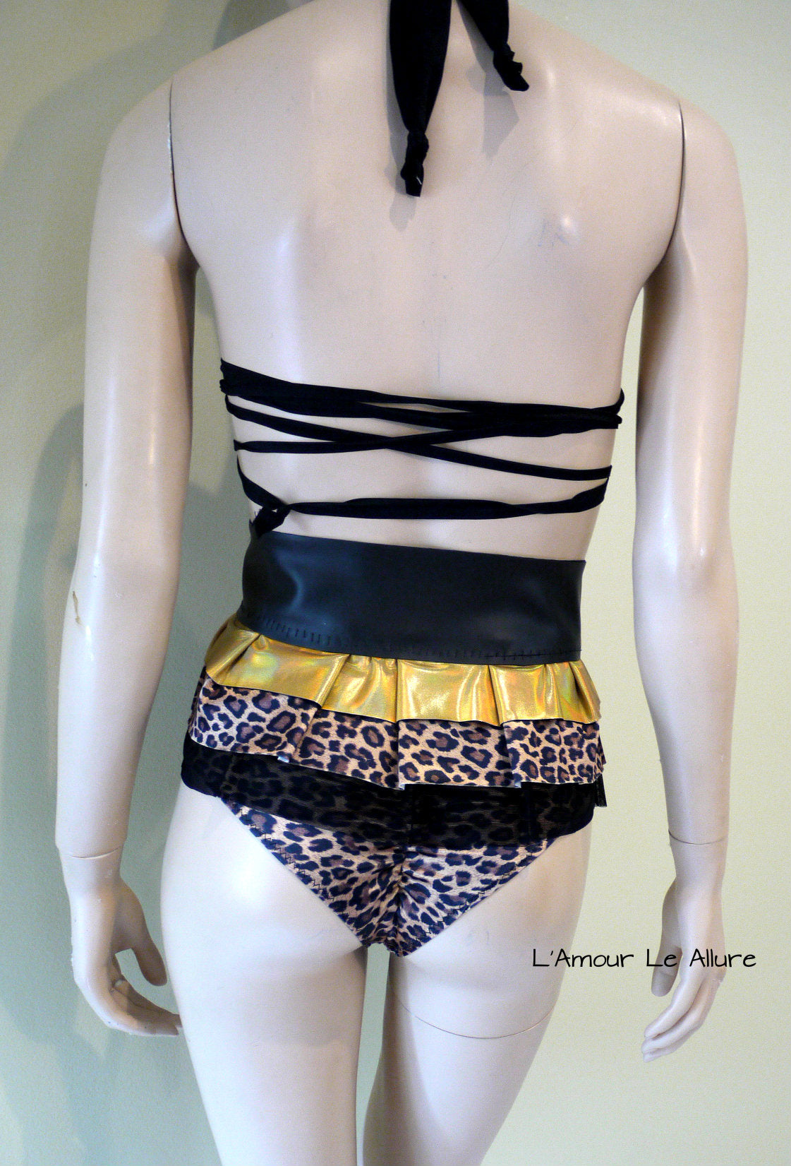 Leopard Black Gold Monokini with Skirt Jumper Swimsuit Bathing Suit Dance Leotard
