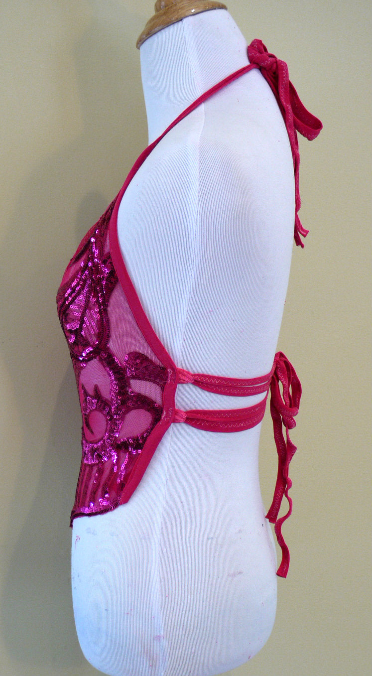 Hot Pink Sequin Spandex Mesh Halter Top Crop Top Dance Rave