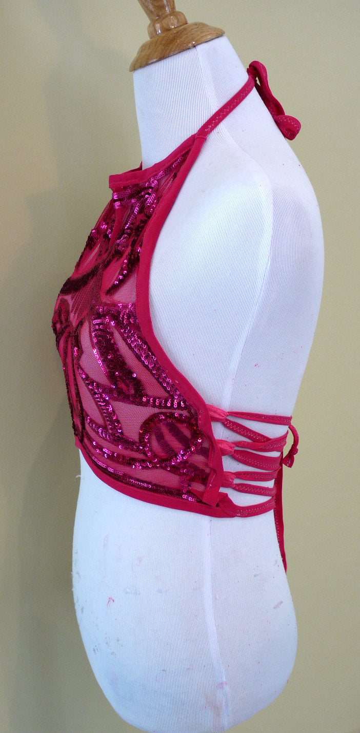 Hot Pink Lotus Sequin Spandex Mesh Halter Top Crop Top Dance Rave
