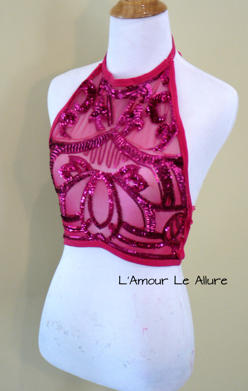 Hot Pink Lotus Sequin Spandex Mesh Halter Top Crop Top Dance Rave