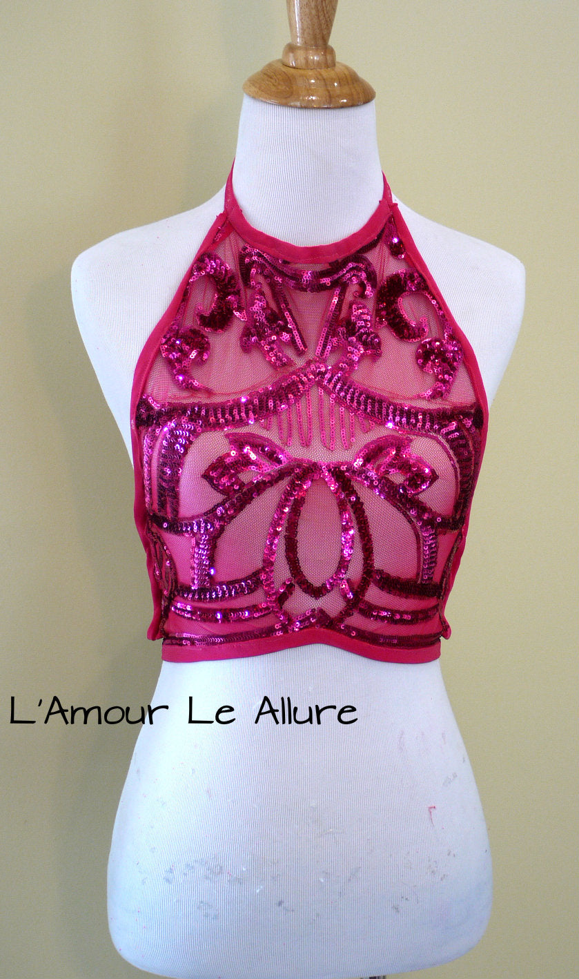 Hot Pink Lotus Sequin Spandex Mesh Halter Top Crop Top Dance Rave