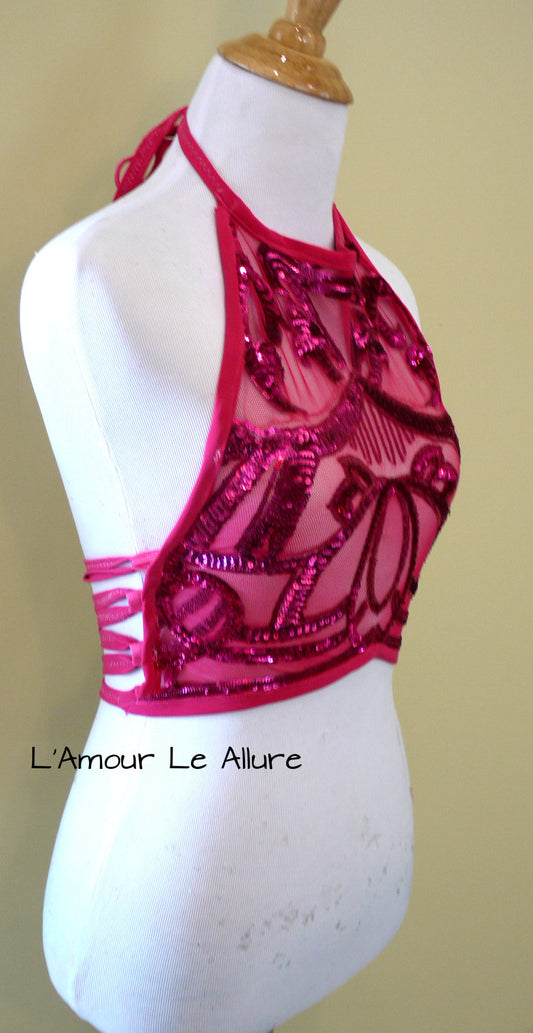 Hot Pink Lotus Sequin Spandex Mesh Halter Top Crop Top Dance Rave
