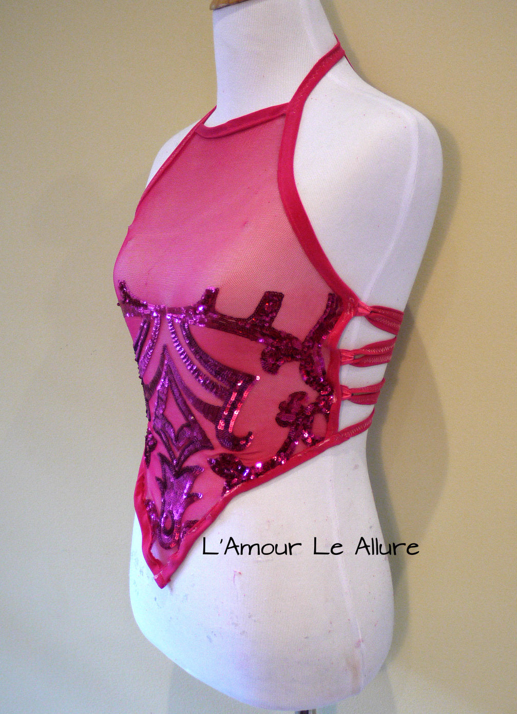 Hot Pink Sequin Spandex Mesh Halter Top Crop Top Dance Rave