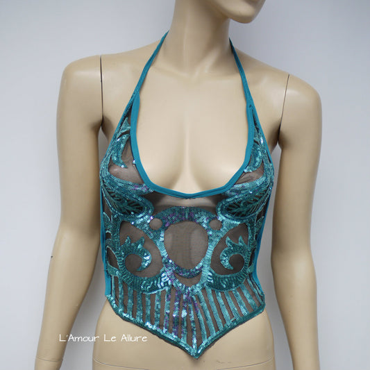 Blue Turquoise Sequin Spandex Mesh Halter Top Crop Top