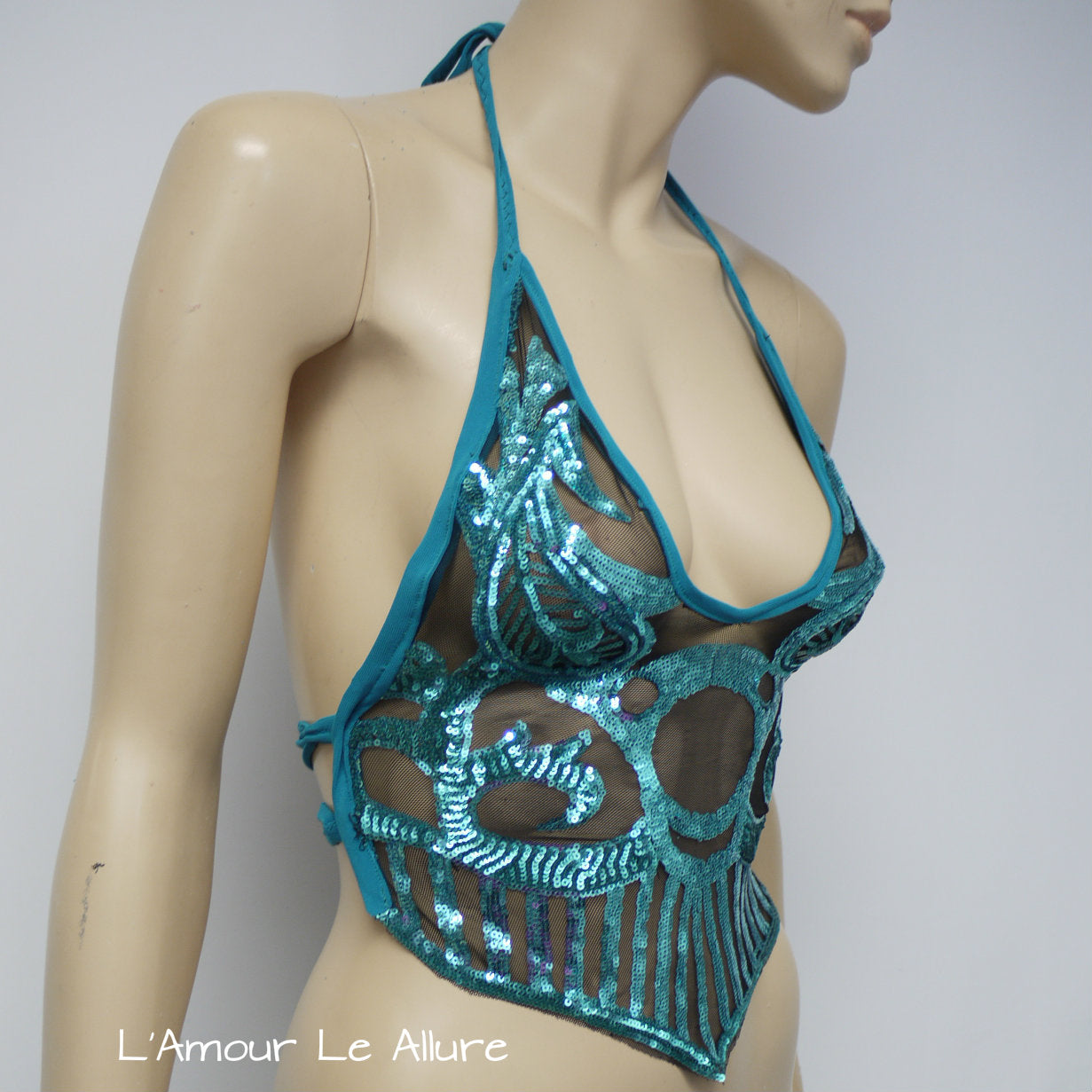 Blue Turquoise Sequin Spandex Mesh Halter Top Crop Top