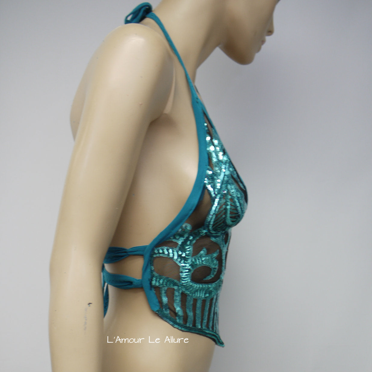 Blue Turquoise Sequin Spandex Mesh Halter Top Crop Top