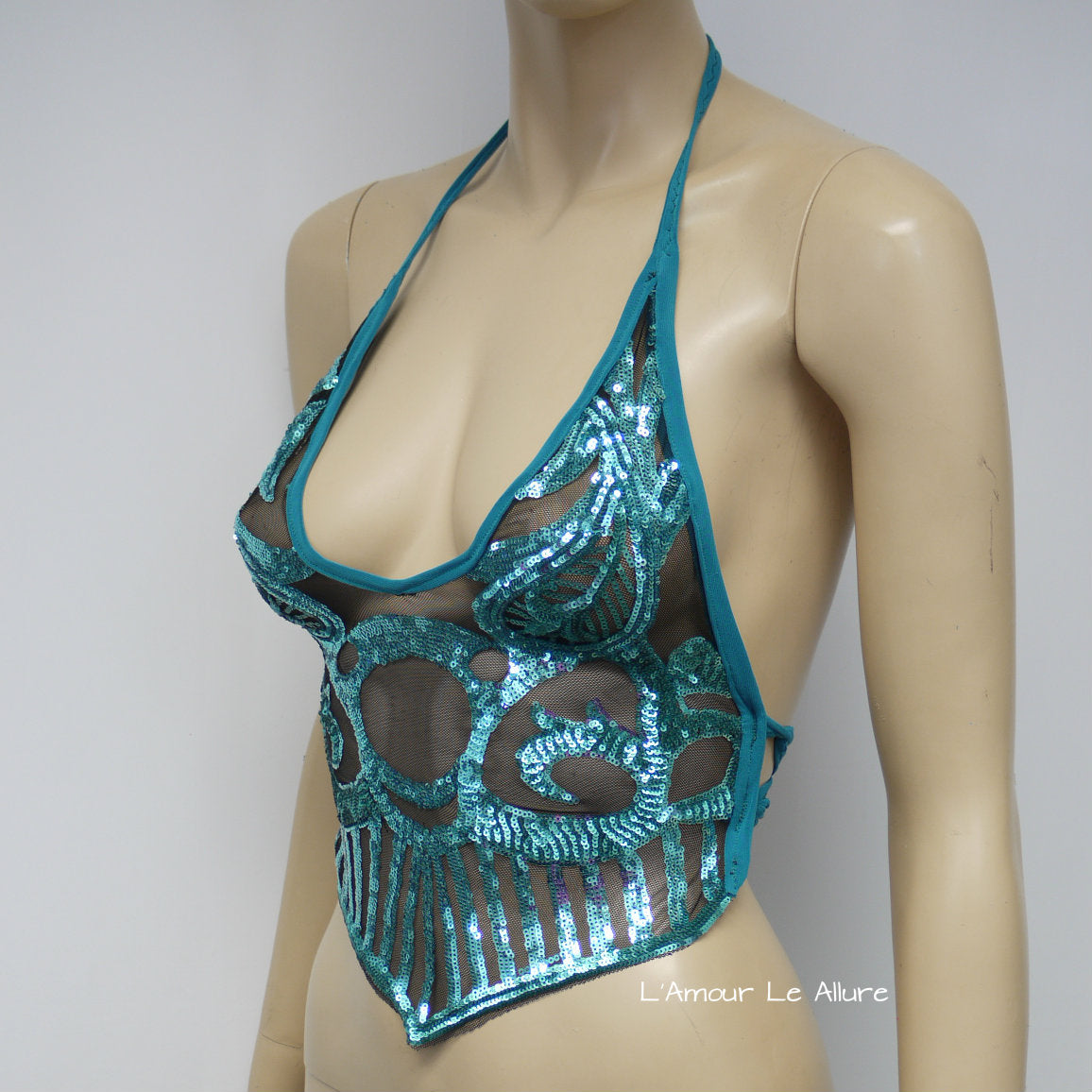Blue Turquoise Sequin Spandex Mesh Halter Top Crop Top